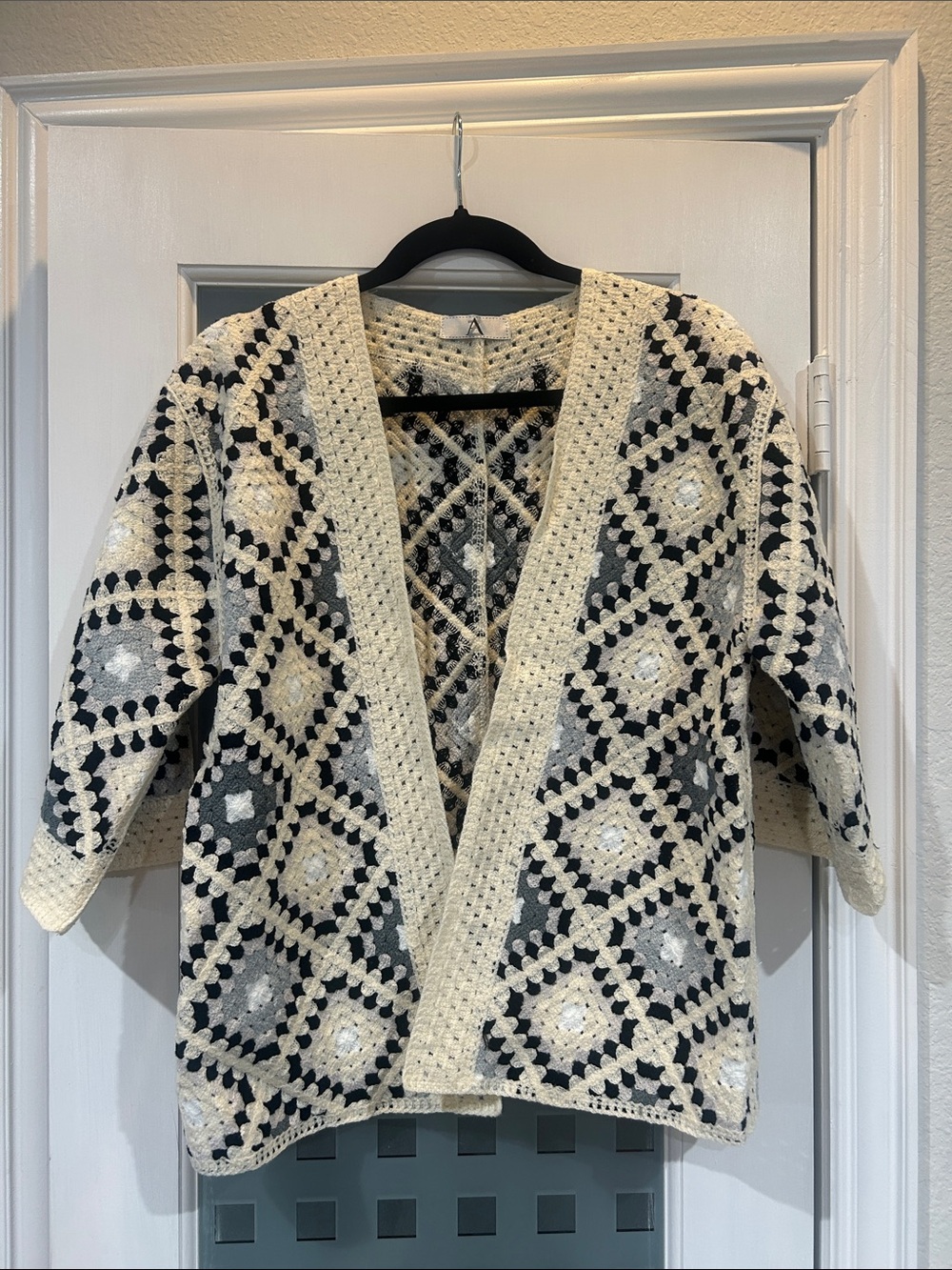 Crochet Open-Front Cardigan Sweater - Cream & Black